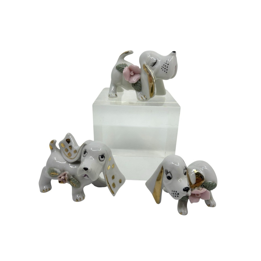 Vintage Chase Hand Painted Japan‎ 3 Ceramic Hound Dogs Gold Trim Pink Flowers
